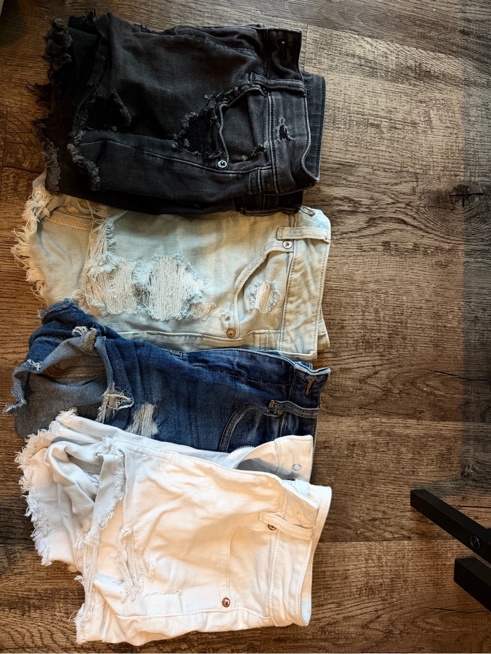 Women's Distressed Denim Shorts — Black, Light Blue, Dark Blue, White